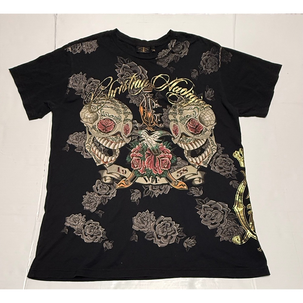 Christian Audigier Mens 2XL Black Sugar Skull Rose Foil Graphic T-Shirt USA Y2K